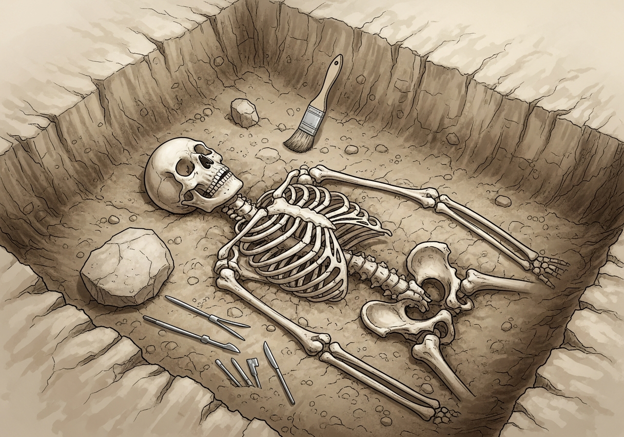 古代の遺跡から発掘された人骨のイラスト