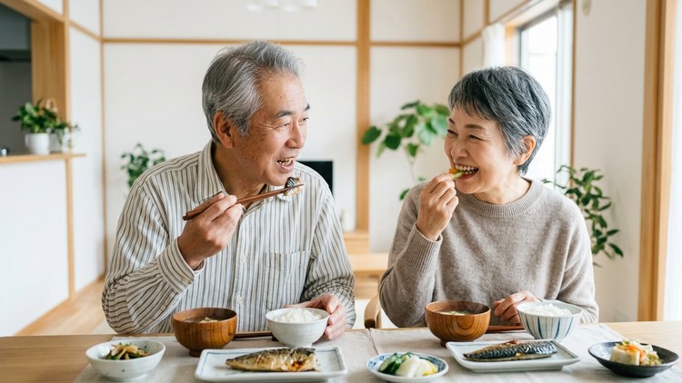 食卓で和食を楽しむ高齢の夫婦