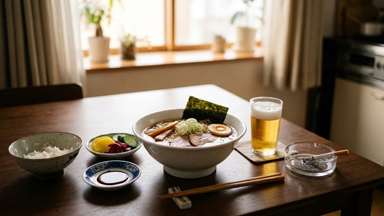 ラーメンや漬物、ビール、灰皿が並ぶ食卓