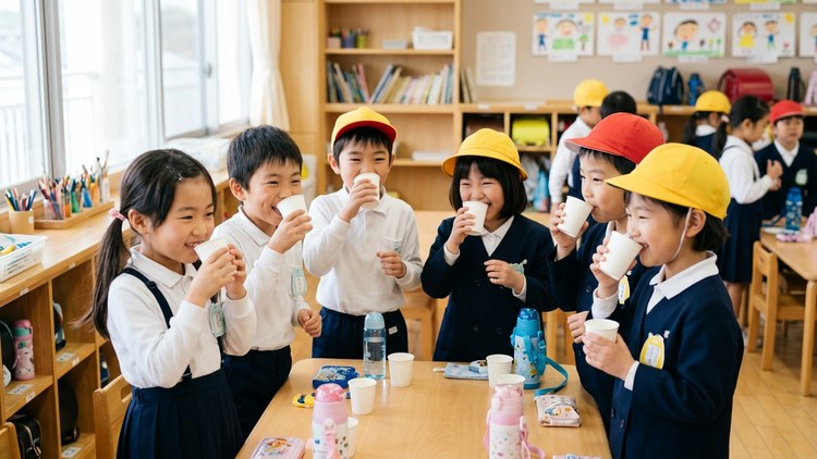 教室で紙コップを持つ小学生たち