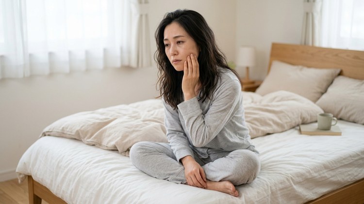 朝、ベッドの上であごに手を当てる女性